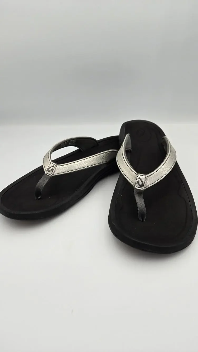 Olukai Kulapa Kai Womens Thong Sandals Flip Flops Black Silver Metallic Size 11